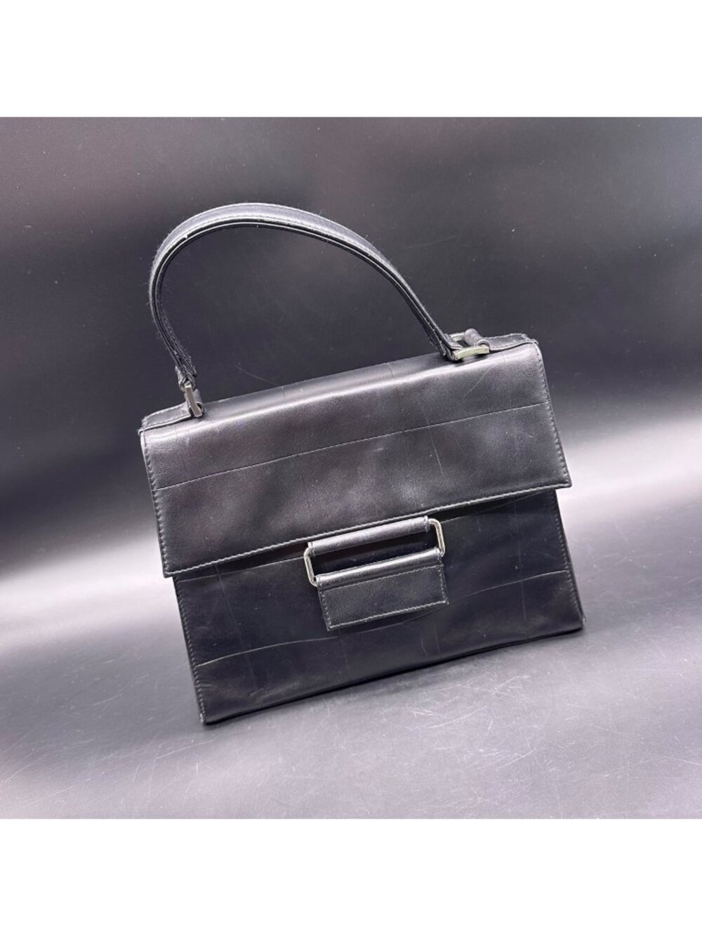 Vintage Purse Faux Leather Black Y2K Handbag Top Handle Silver Buckle Retro